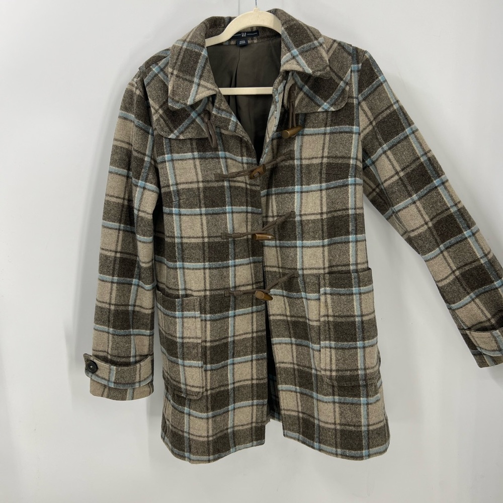 GAP Vintage Y2K Plaid Wool Blend Duffle Toggle Coat Jacket Medium